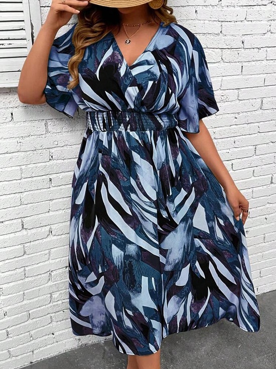 SHEIN Dresses & Skirts - Shein Blue Purple Abstract Smocked Waist Midi Dress Size 1XL